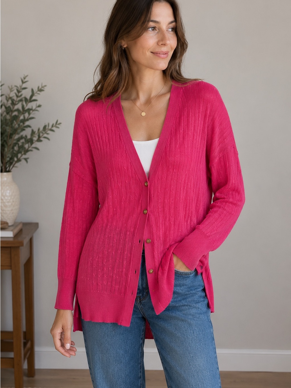 JCP Linen Blend Long Cardigan Sweater Hot Pink Fuchsia Size M